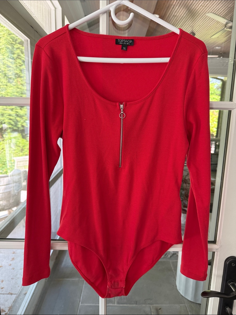 Topshop Red Long-Sleeve Zip-Front Ribbed Bodysuit